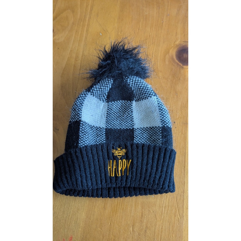 Me & Free Buffalo Plaid Beanie Black White Bee‎ Happy Pom Pom Knit Hat RN91497